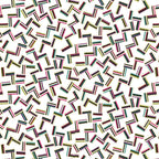 White fabric with tossed geometric shapes in bright colours and gold metallic outline