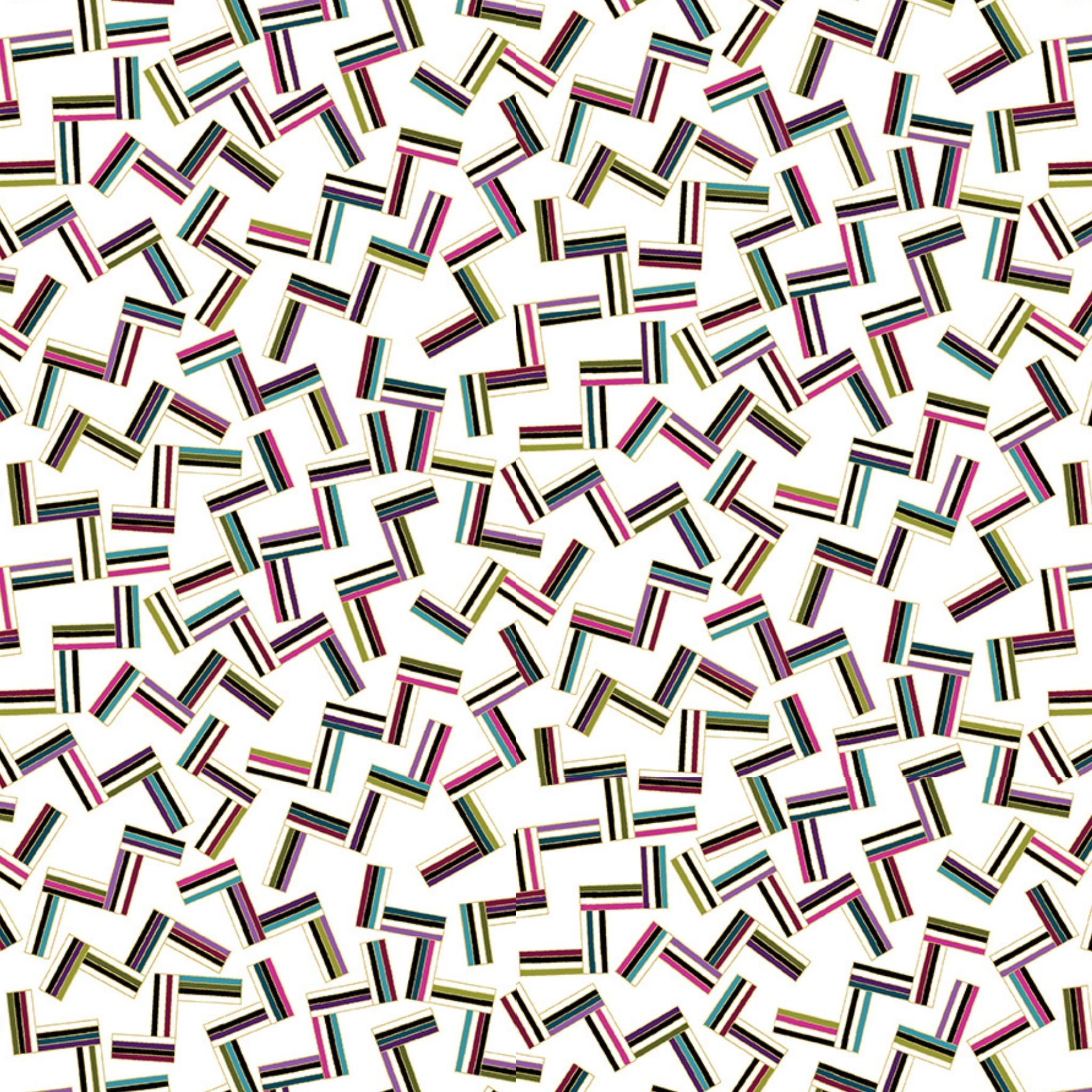 White fabric with tossed geometric shapes in bright colours and gold metallic outline