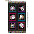 Black fabric panel with six framed dog portraits decorated with colourful paisley and gold metallic