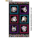 Black fabric panel with six framed dog portraits decorated with colourful paisley and gold metallic
