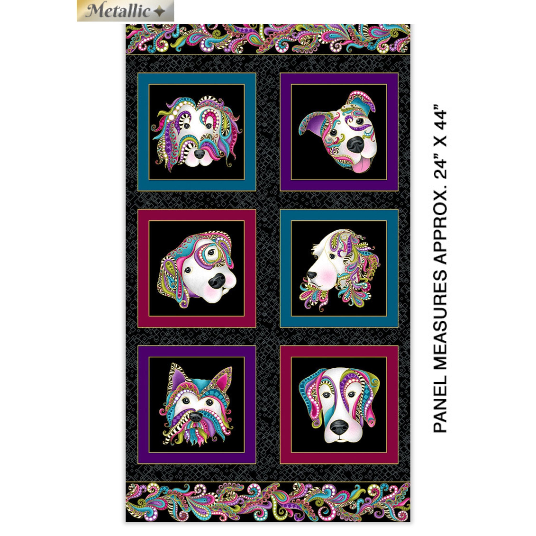 Black fabric panel with six framed dog portraits decorated with colourful paisley and gold metallic