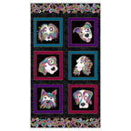 Black fabric panel with six framed dog portraits decorated with colourful paisley and gold metallic