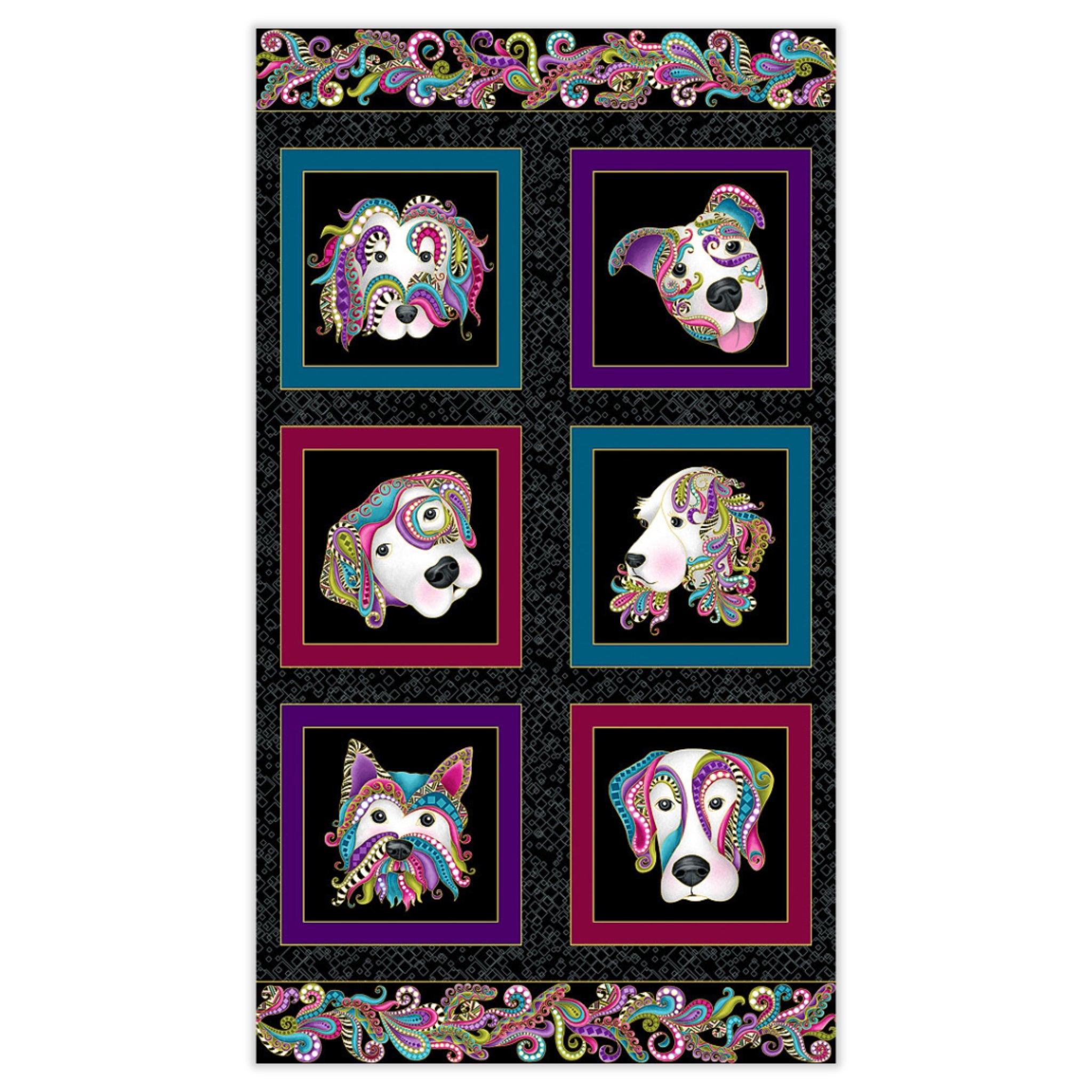 Black fabric panel with six framed dog portraits decorated with colourful paisley and gold metallic