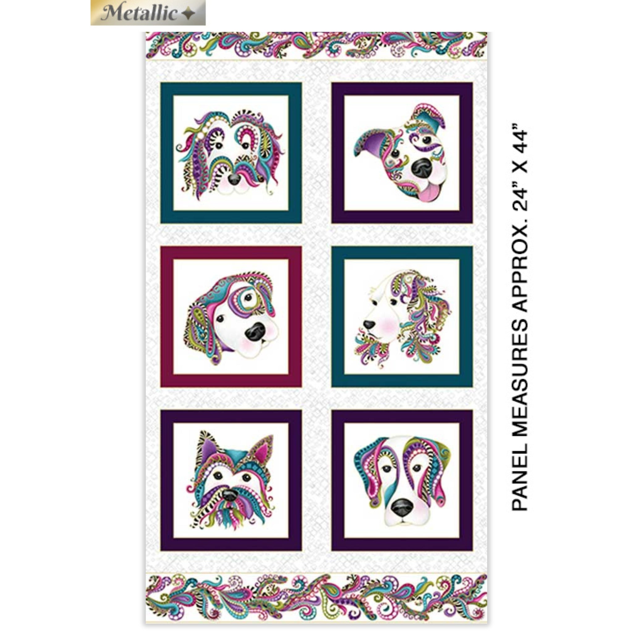White fabric panel with six framed dog portraits decorated with colourful paisley and gold metallic