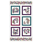 White fabric panel with six framed dog portraits decorated with colourful paisley and gold metallic