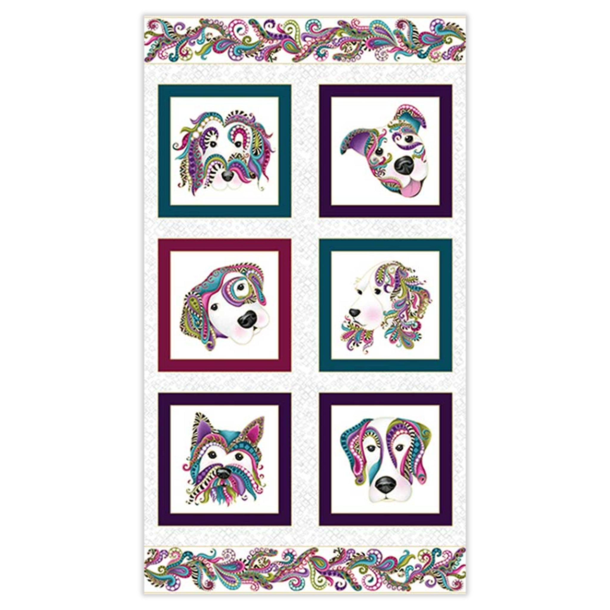 White fabric panel with six framed dog portraits decorated with colourful paisley and gold metallic
