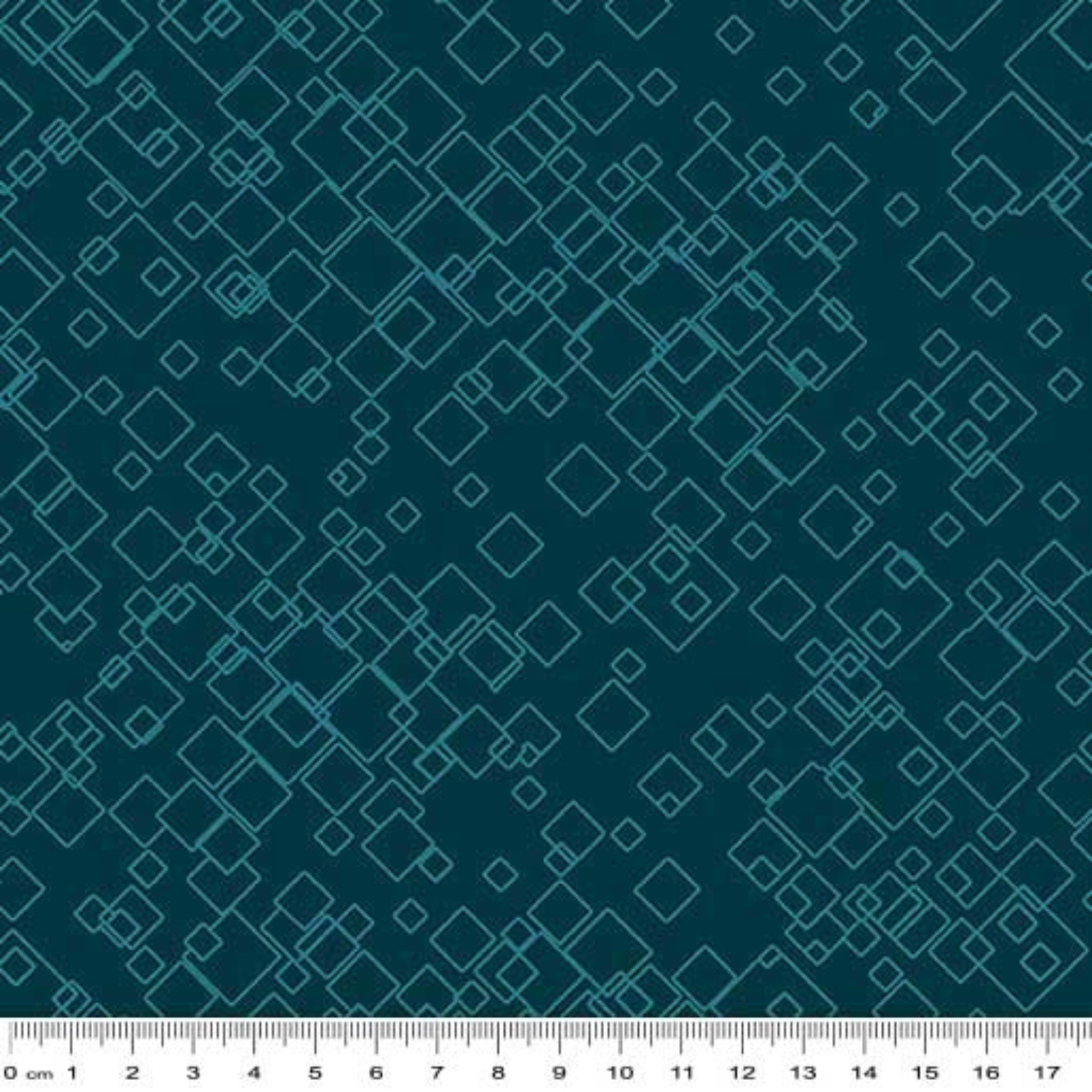Tonal dark teal geometric print with tossed squares, perfect as a quilt blender