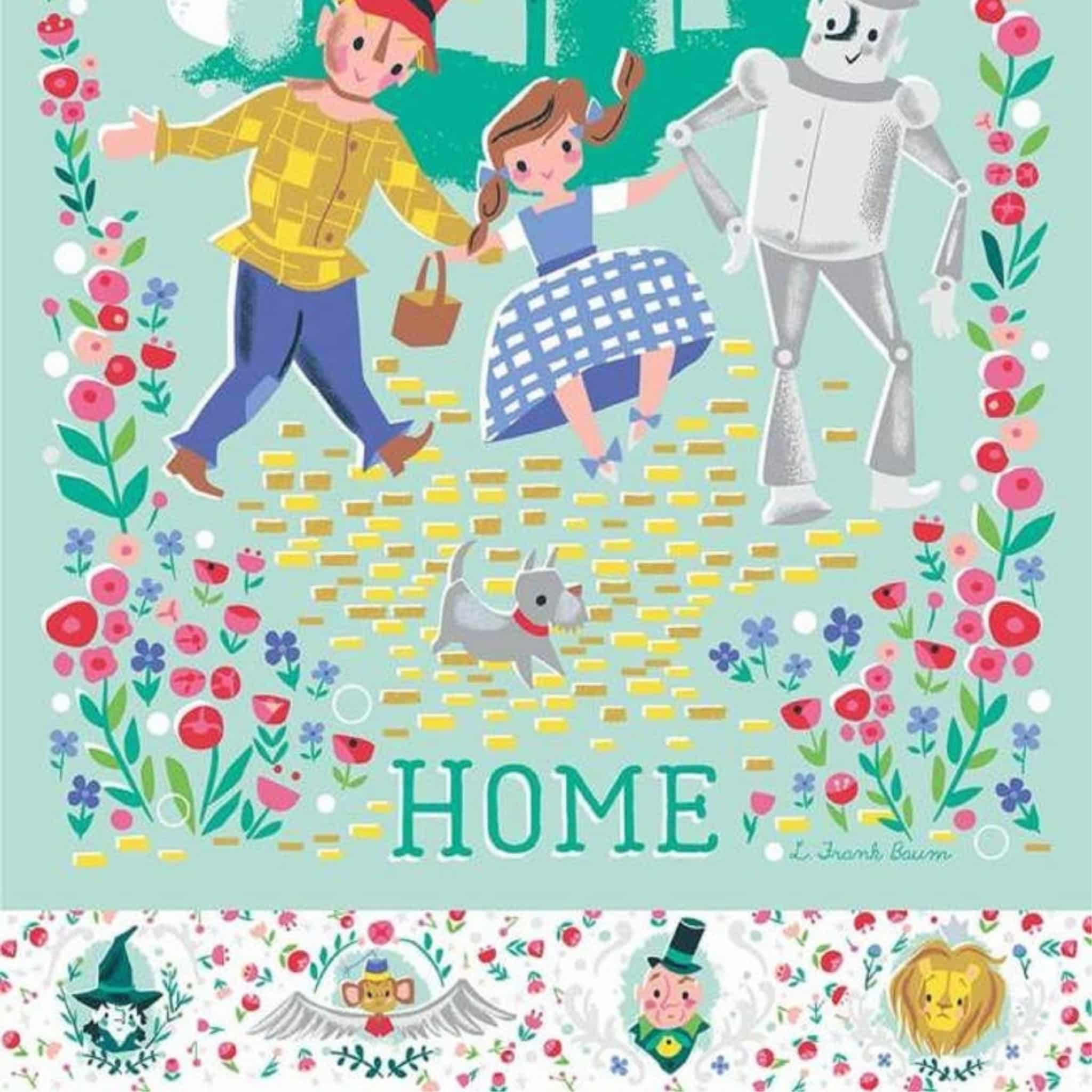 Dorothy's Journey mint sparkle panel Wizard of Oz characters and yellow brick road for quilts sewing projects