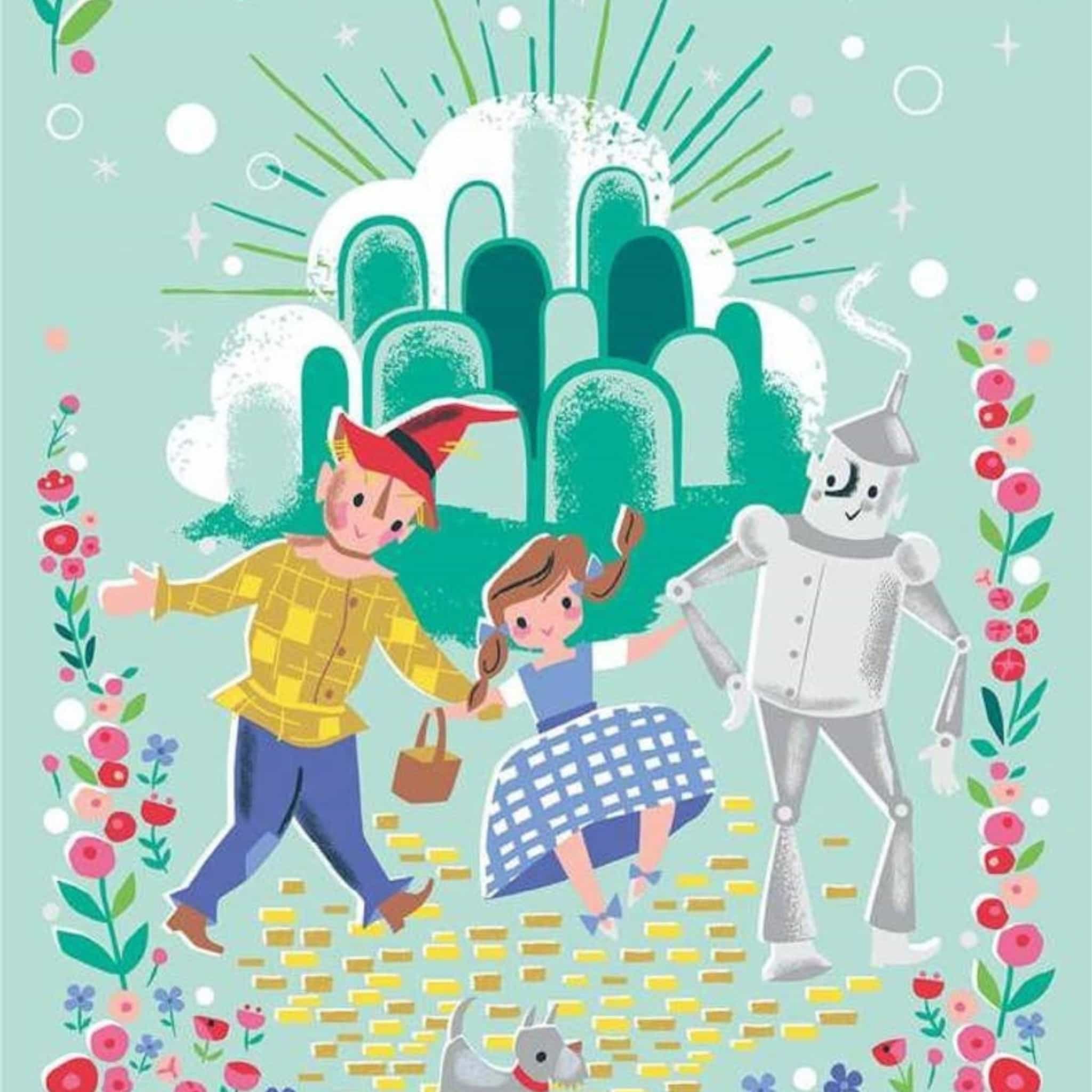 Dorothy's Journey mint sparkle panel Wizard of Oz characters and yellow brick road for quilts sewing projects