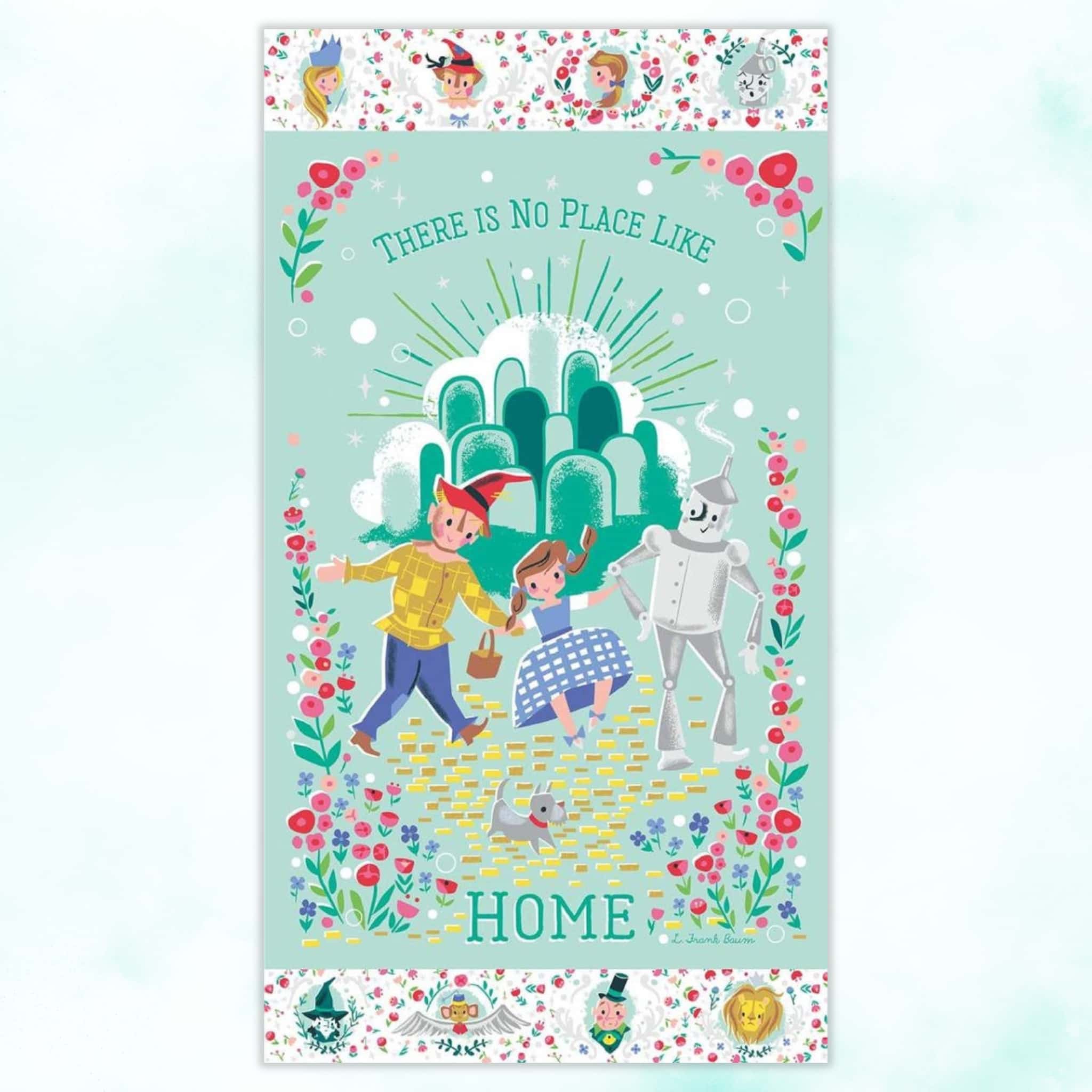 Dorothy's Journey mint sparkle panel Wizard of Oz characters and yellow brick road for quilts sewing projects