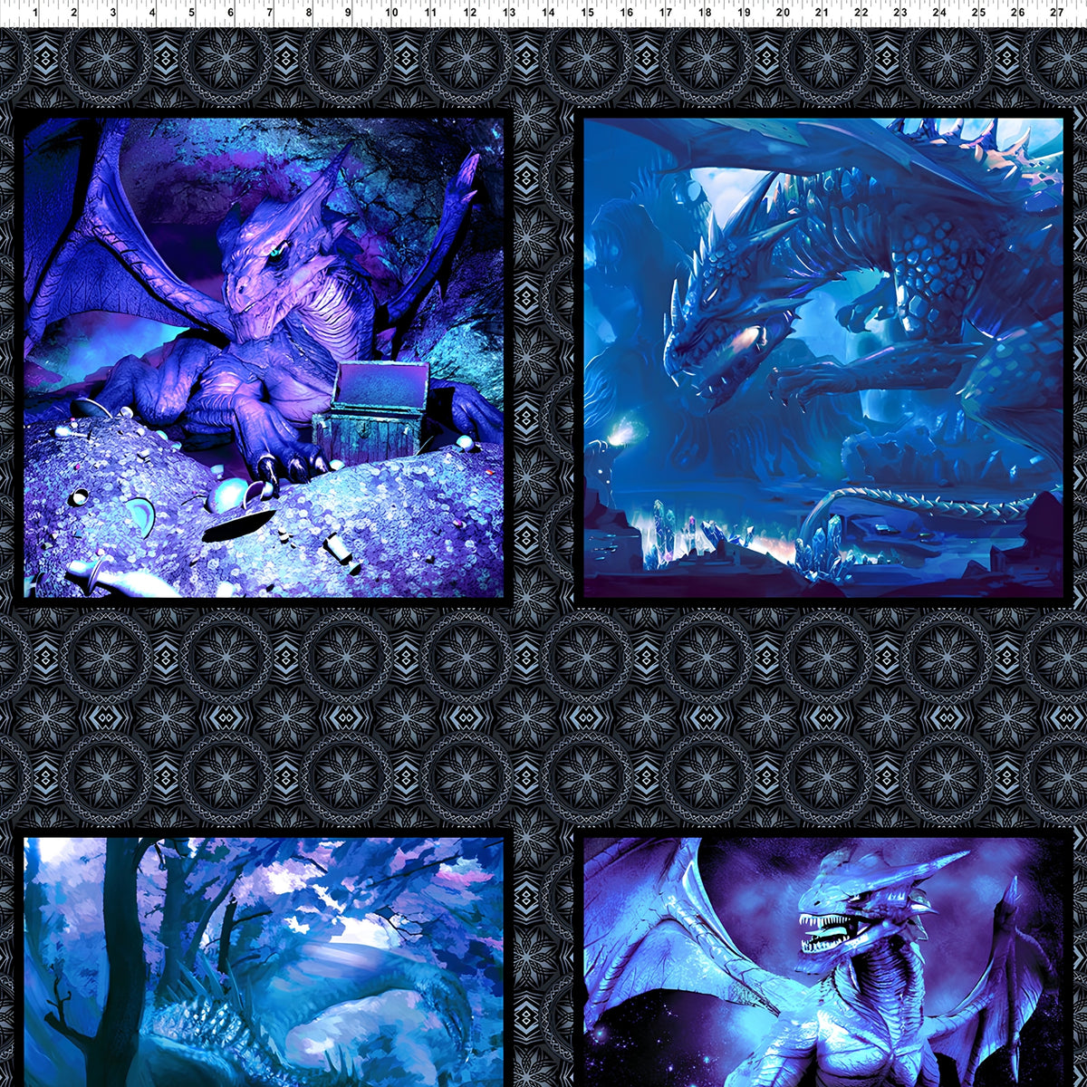 Dragons Fury block panel six dragon scenes deep blue violet teal dark medallion border digitally printed fantasy quilting panel Jason Yenter In The Beginning Fabrics