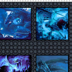 Dragons Fury block panel six dragon scenes deep blue violet teal dark medallion border digitally printed fantasy quilting panel Jason Yenter In The Beginning Fabrics
