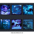 Dragons Fury block panel six dragon scenes deep blue violet teal dark medallion border digitally printed fantasy quilting panel Jason Yenter In The Beginning Fabrics