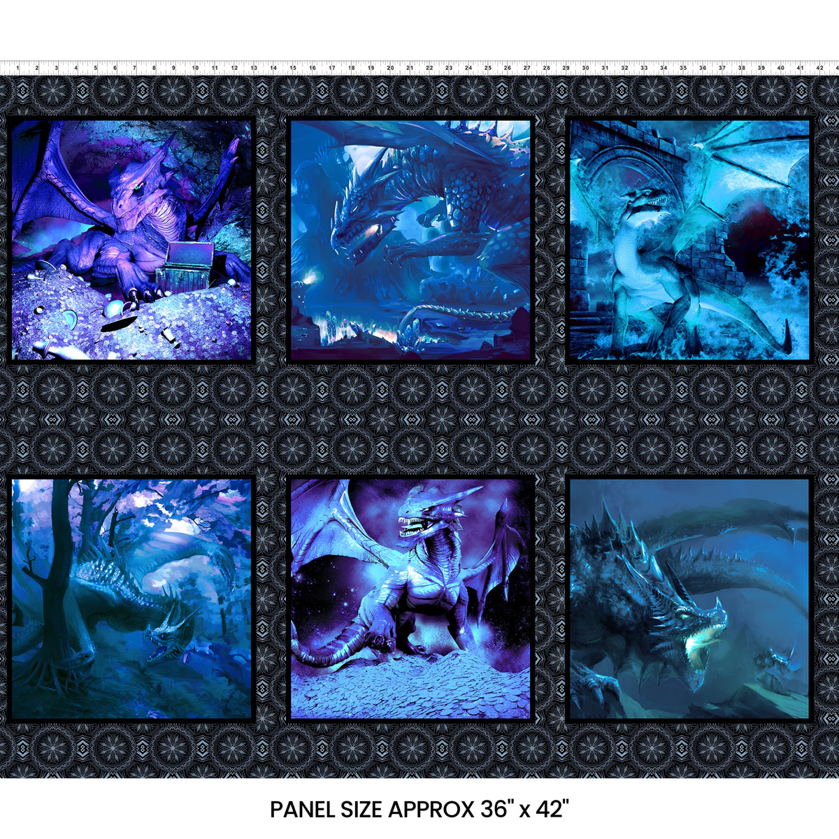 Dragons Fury block panel six dragon scenes deep blue violet teal dark medallion border digitally printed fantasy quilting panel Jason Yenter In The Beginning Fabrics