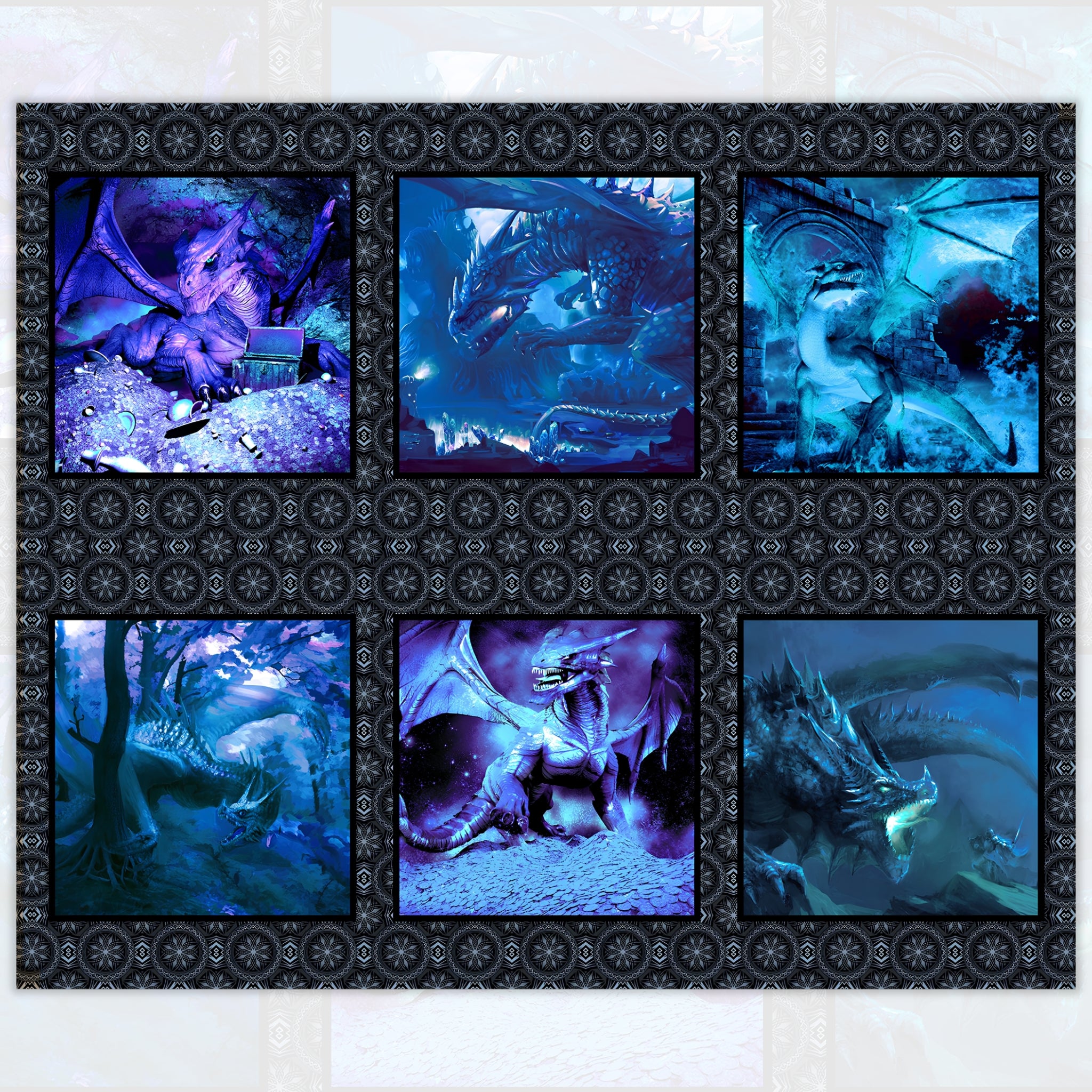 Dragons Fury block panel six dragon scenes deep blue violet teal dark medallion border digitally printed fantasy quilting panel Jason Yenter In The Beginning Fabrics