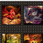 Dragons Fury block panel six dragon scenes crimson gold amber deep purple fiery forest backgrounds dark medallion border digitally printed fantasy quilting panel Jason Yenter In The Beginning Fabrics
