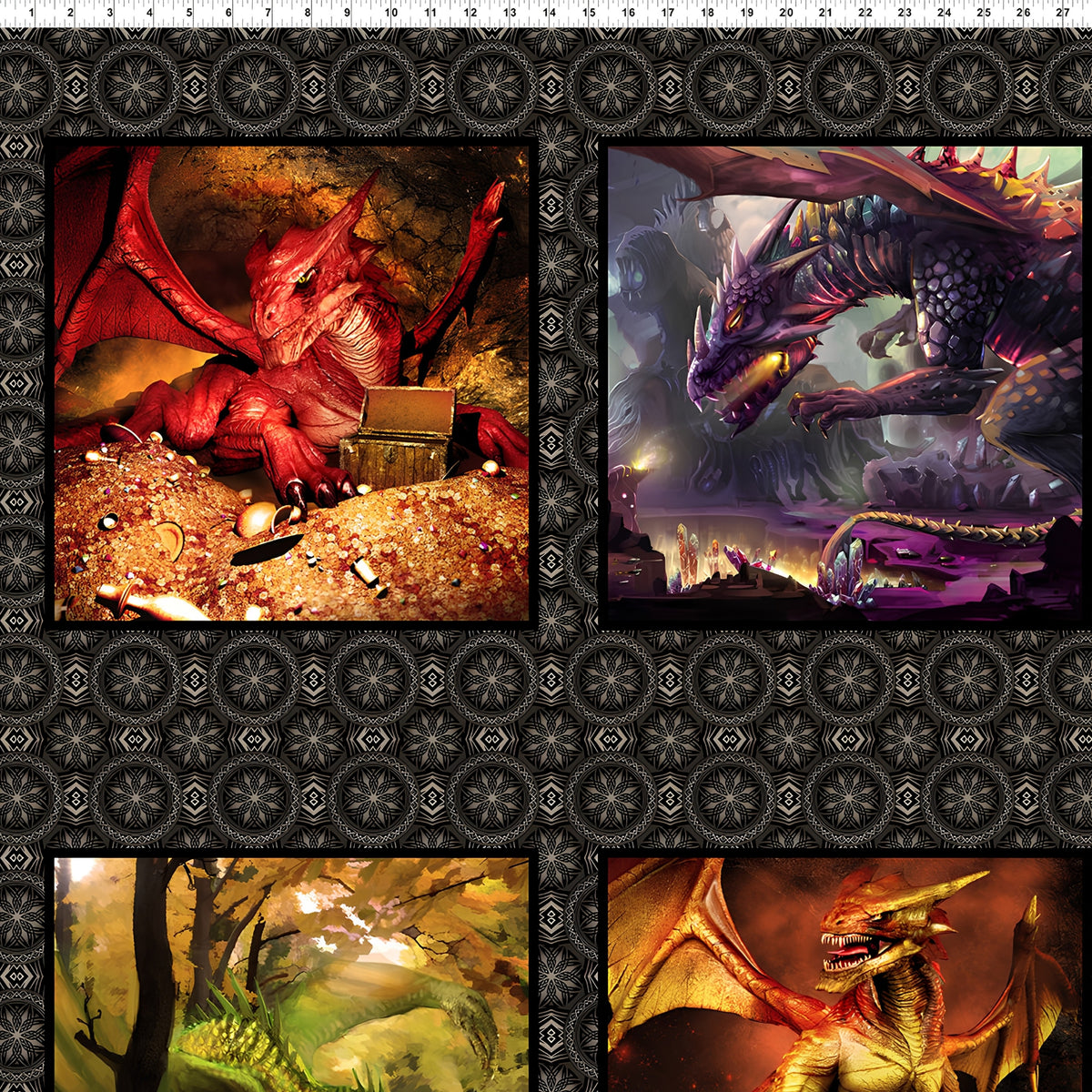 Dragons Fury block panel six dragon scenes crimson gold amber deep purple fiery forest backgrounds dark medallion border digitally printed fantasy quilting panel Jason Yenter In The Beginning Fabrics