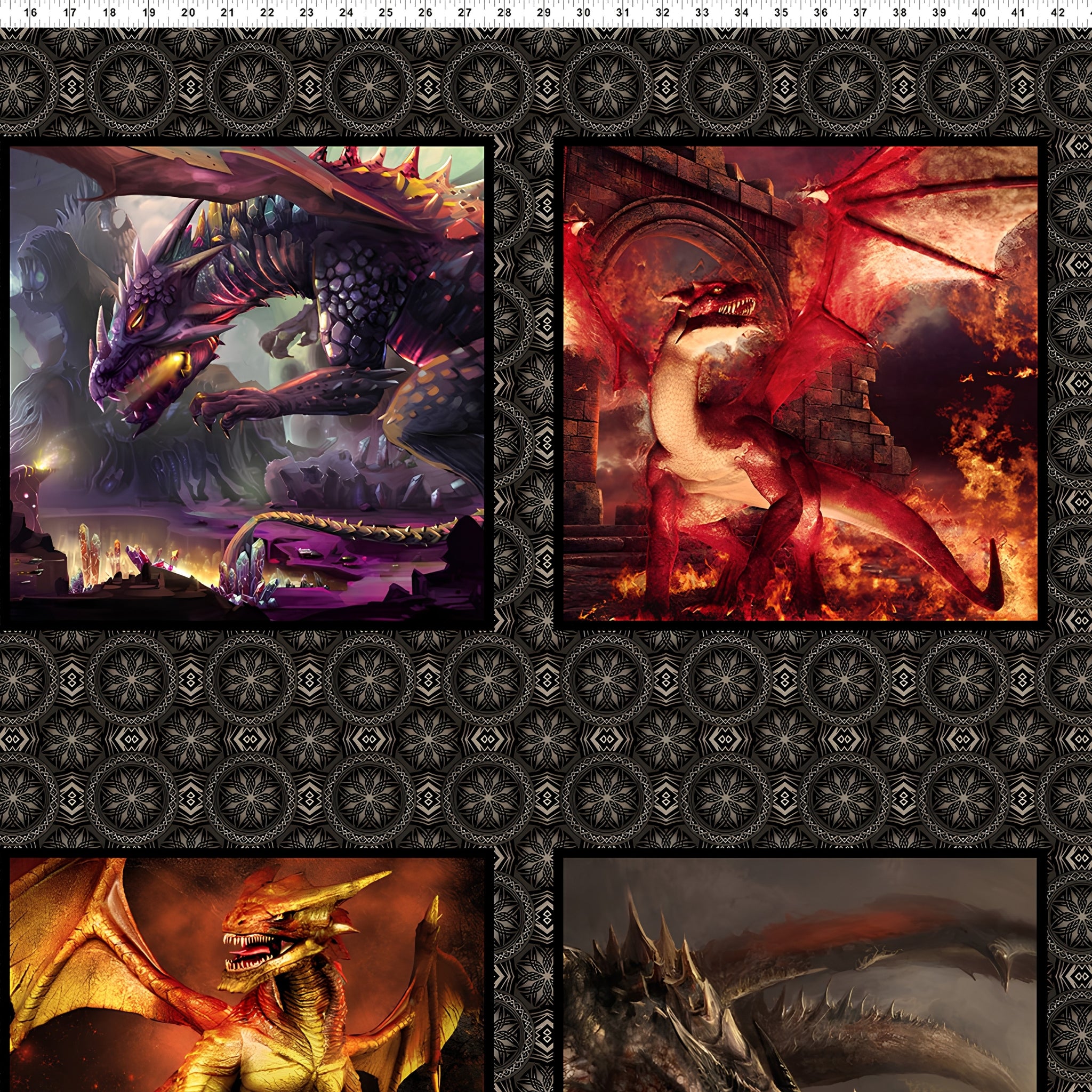 Dragons Fury block panel six dragon scenes crimson gold amber deep purple fiery forest backgrounds dark medallion border digitally printed fantasy quilting panel Jason Yenter In The Beginning Fabrics