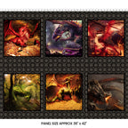 Dragons Fury block panel six dragon scenes crimson gold amber deep purple fiery forest backgrounds dark medallion border digitally printed fantasy quilting panel Jason Yenter In The Beginning Fabrics