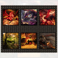 Dragons Fury block panel six dragon scenes crimson gold amber deep purple fiery forest backgrounds dark medallion border digitally printed fantasy quilting panel Jason Yenter In The Beginning Fabrics