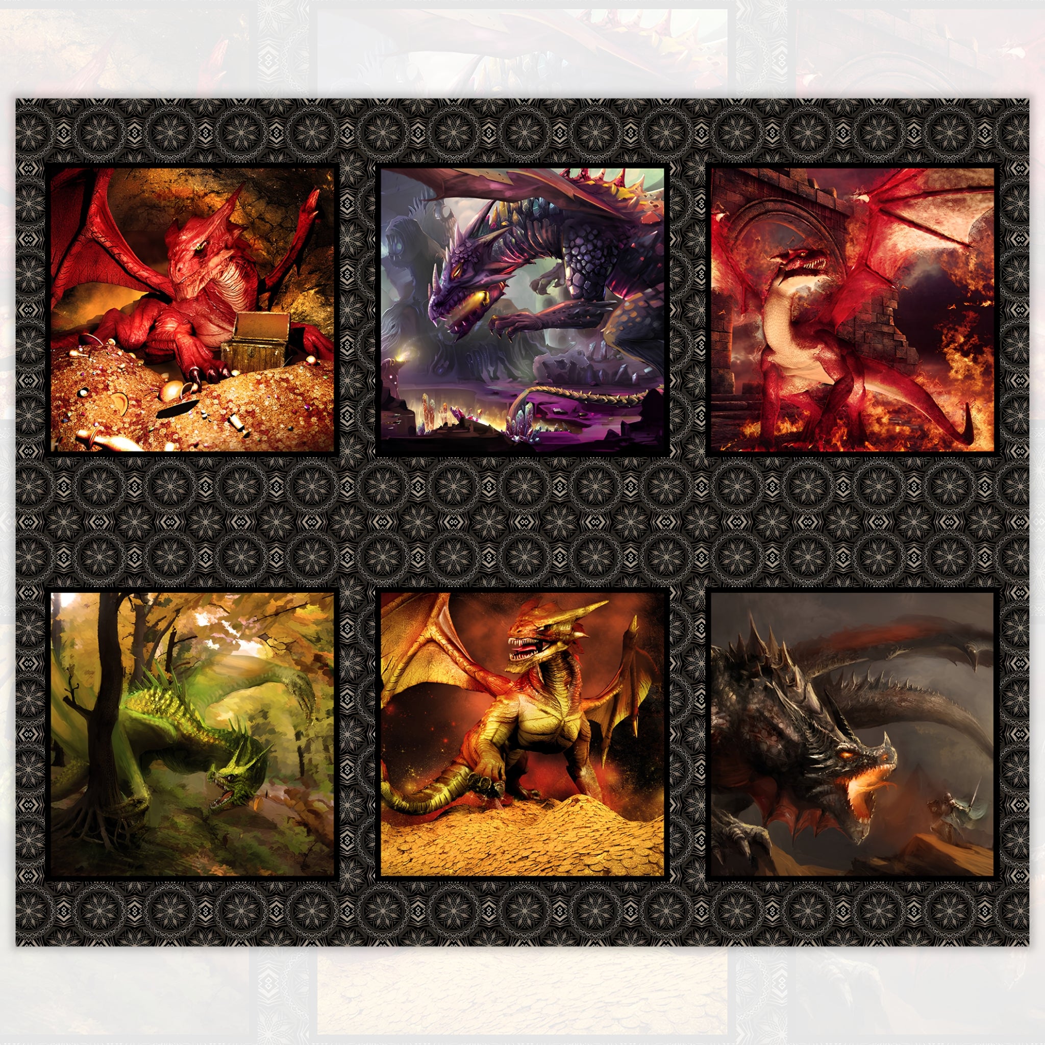Dragons Fury block panel six dragon scenes crimson gold amber deep purple fiery forest backgrounds dark medallion border digitally printed fantasy quilting panel Jason Yenter In The Beginning Fabrics