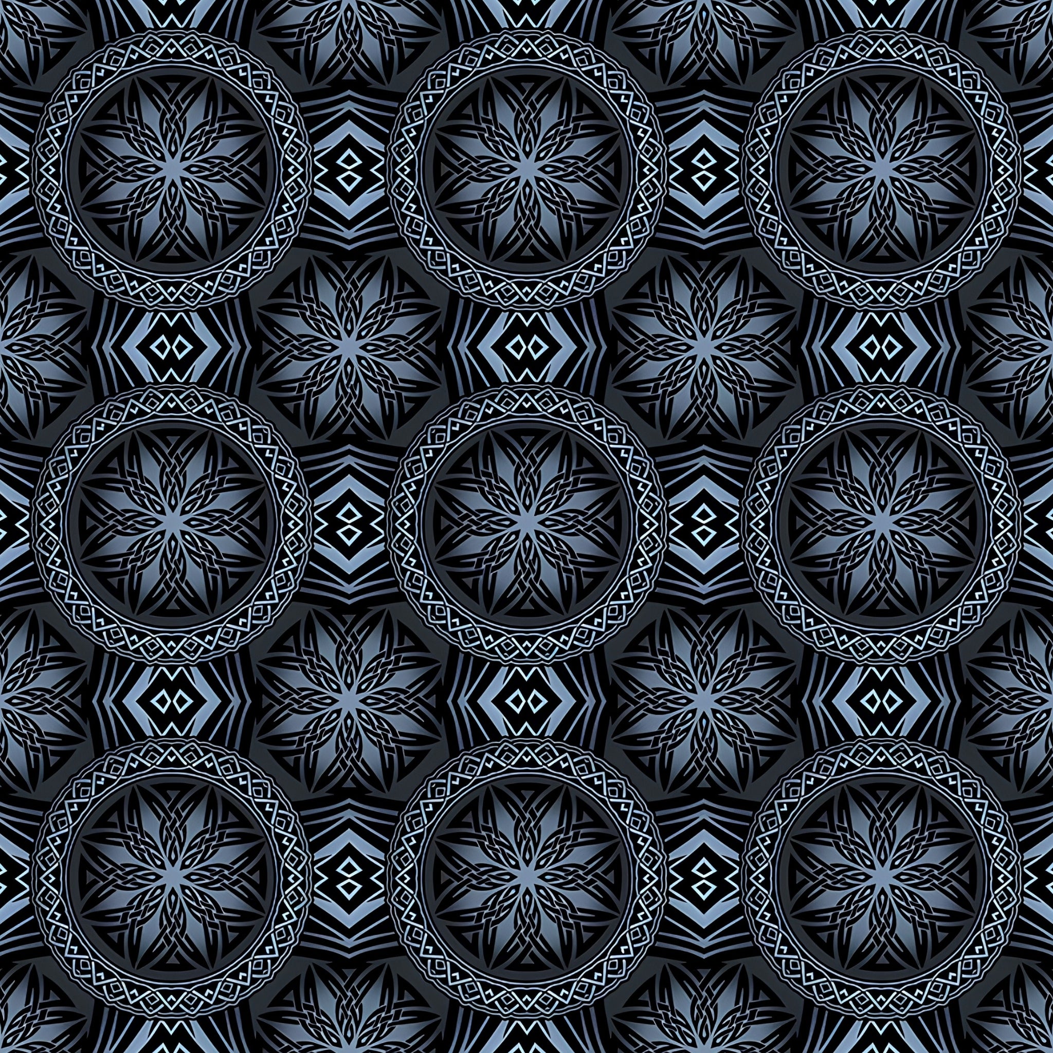 Celtic knotwork dragon medallions slate blue silver deep black background digitally printed blender quilting fabric Jason Yenter In The Beginning Fabrics
