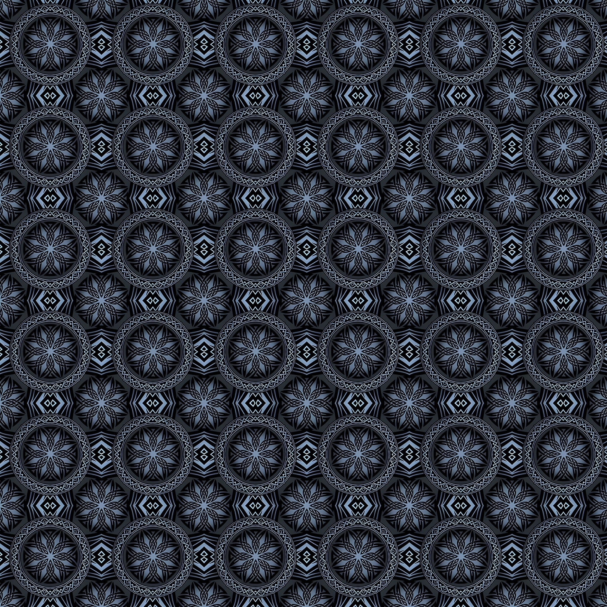 Celtic knotwork dragon medallions slate blue silver deep black background digitally printed blender quilting fabric Jason Yenter In The Beginning Fabrics