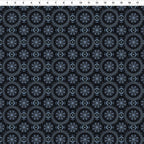 Celtic knotwork dragon medallions slate blue silver deep black background digitally printed blender quilting fabric Jason Yenter In The Beginning Fabrics