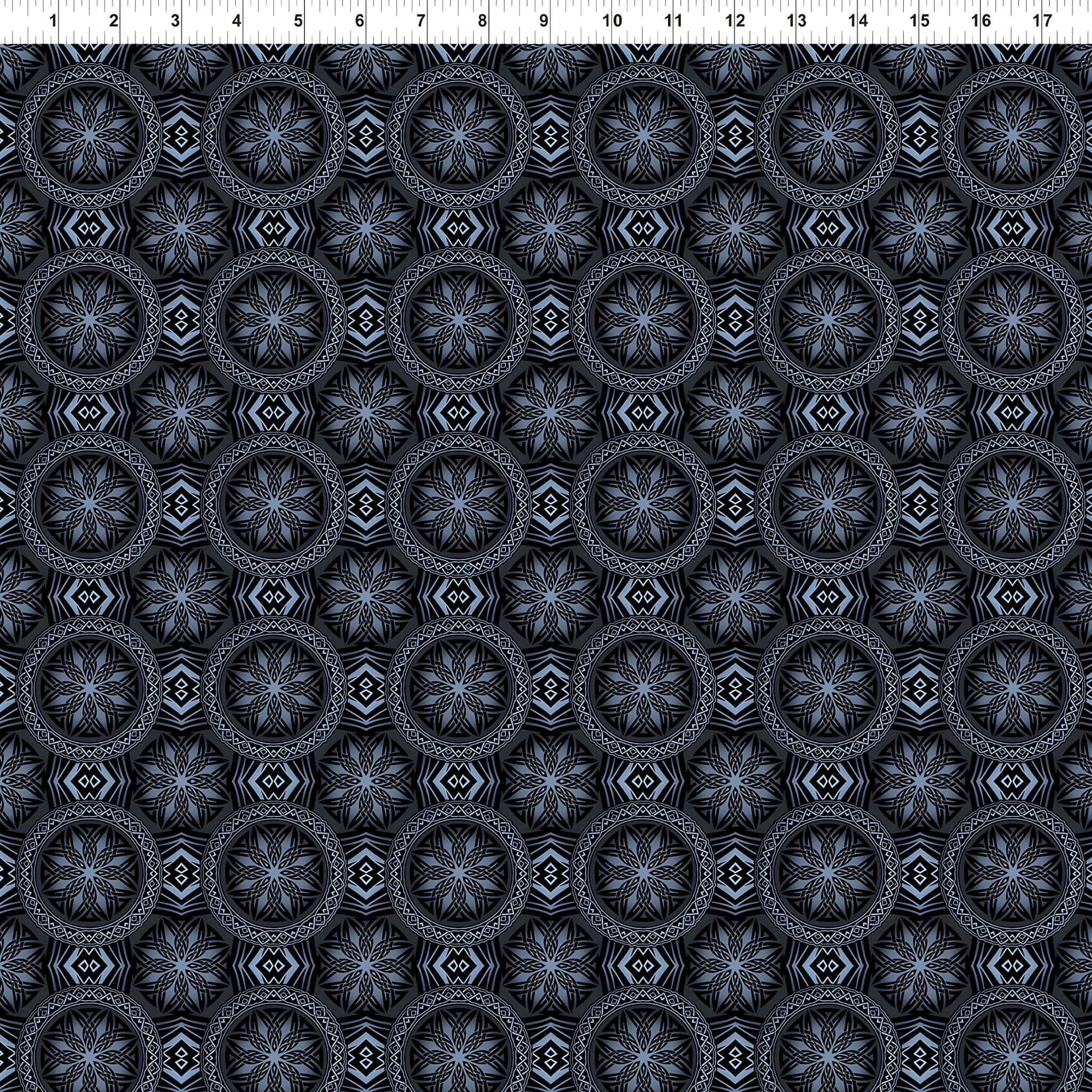 Celtic knotwork dragon medallions slate blue silver deep black background digitally printed blender quilting fabric Jason Yenter In The Beginning Fabrics