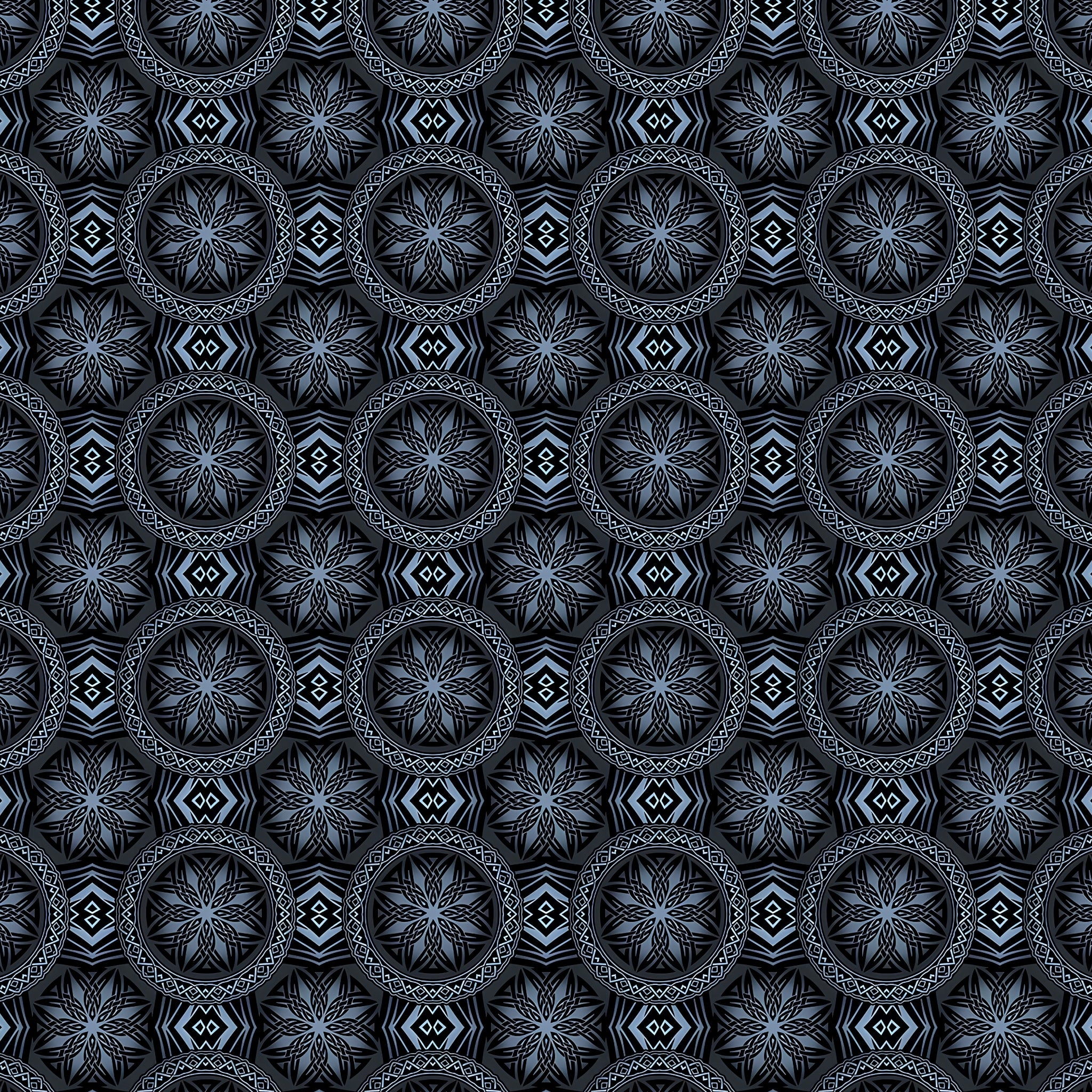 Celtic knotwork dragon medallions slate blue silver deep black background digitally printed blender quilting fabric Jason Yenter In The Beginning Fabrics