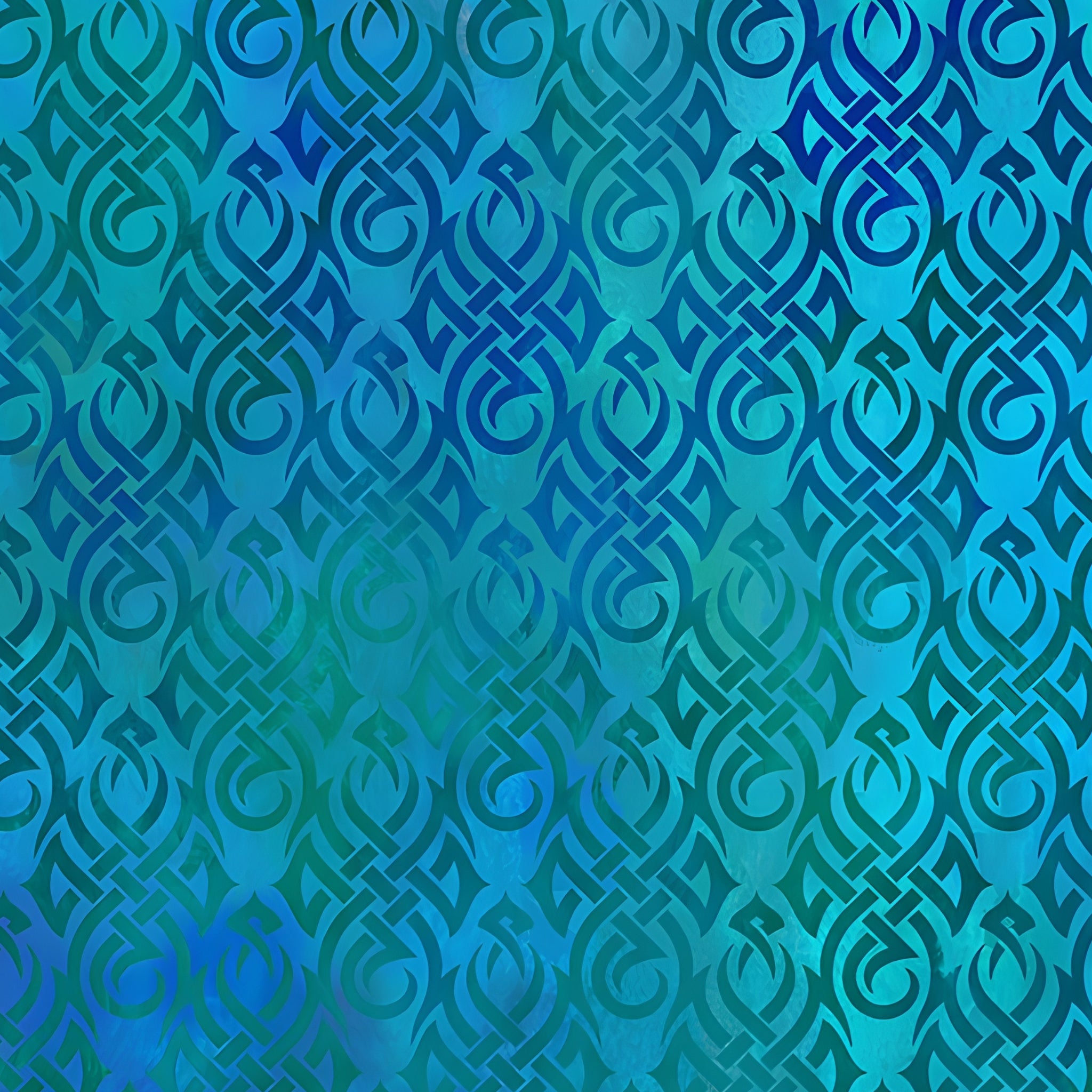 Swirling tribal flame Celtic knotwork motifs deep cobalt navy teal aqua watercolour wash tonal blender digitally printed quilting fabric Jason Yenter In The Beginning Fabrics