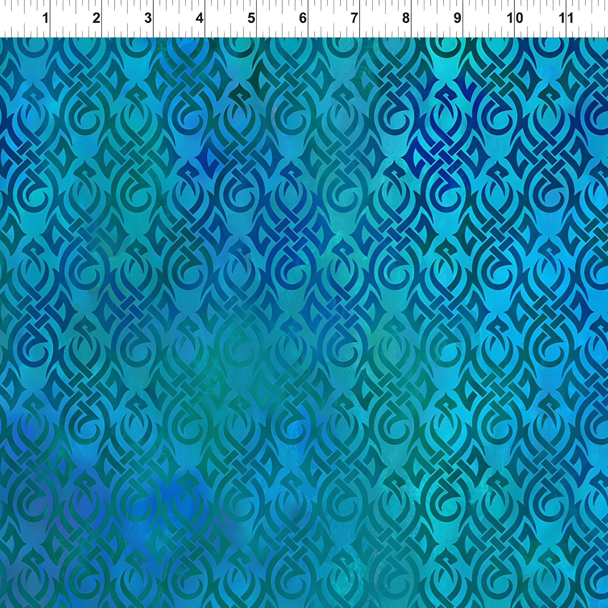 Swirling tribal flame Celtic knotwork motifs deep cobalt navy teal aqua watercolour wash tonal blender digitally printed quilting fabric Jason Yenter In The Beginning Fabrics