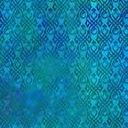 Swirling tribal flame Celtic knotwork motifs deep cobalt navy teal aqua watercolour wash tonal blender digitally printed quilting fabric Jason Yenter In The Beginning Fabrics
