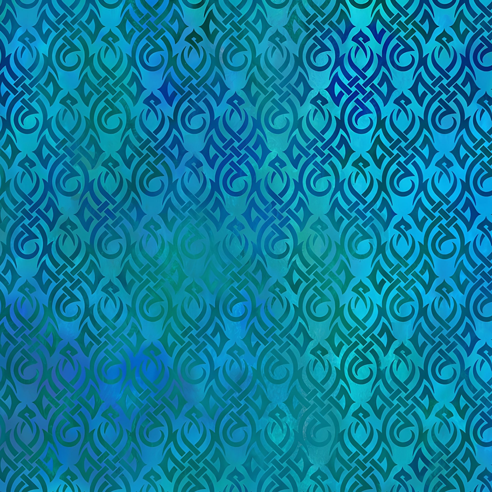 Swirling tribal flame Celtic knotwork motifs deep cobalt navy teal aqua watercolour wash tonal blender digitally printed quilting fabric Jason Yenter In The Beginning Fabrics
