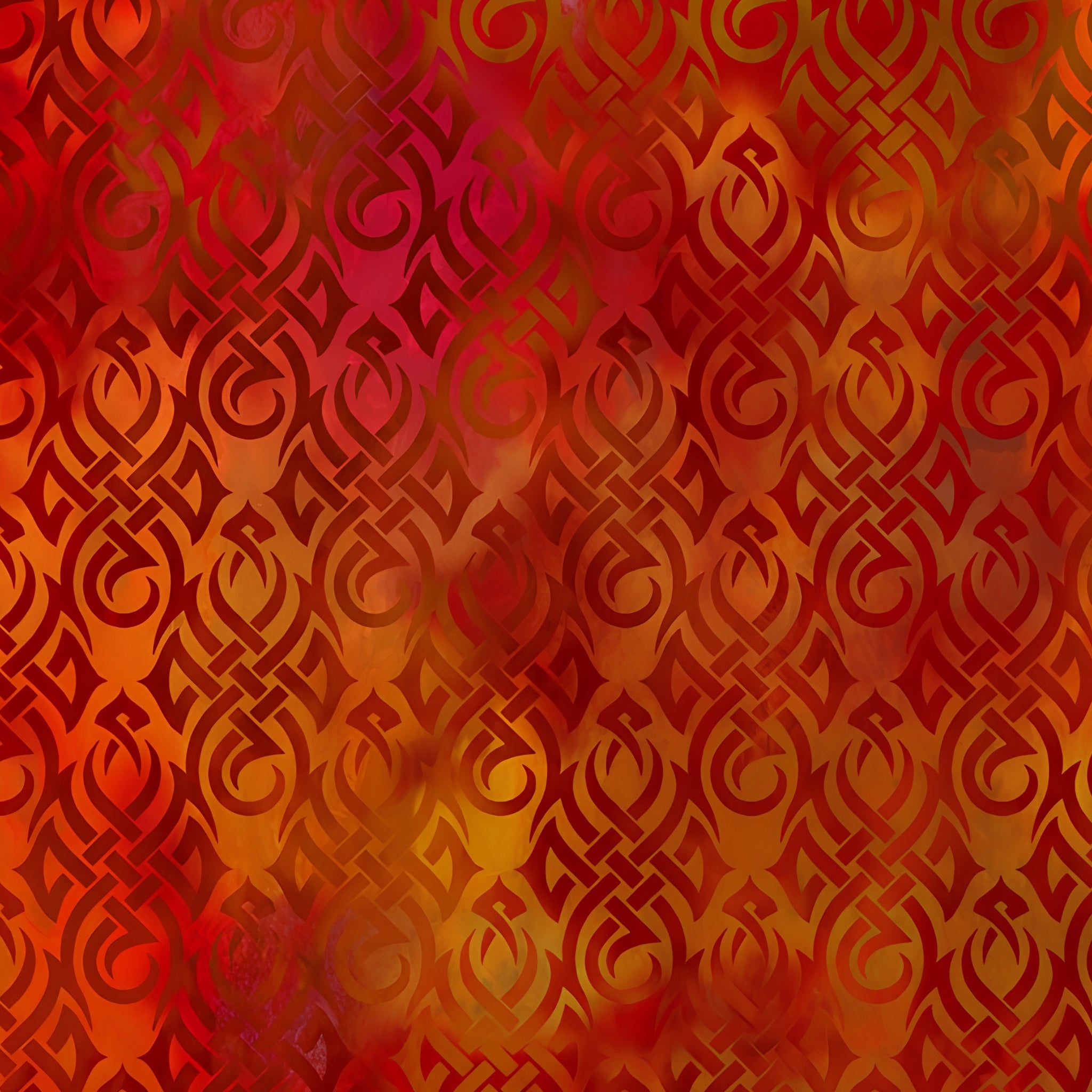Swirling tribal flame Celtic knotwork motifs deep crimson burnt orange fiery watercolour wash tonal blender digitally printed quilting fabric Jason Yenter In The Beginning Fabrics