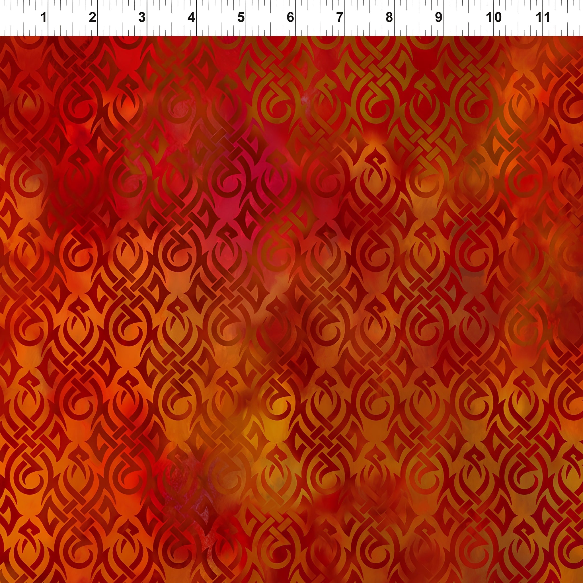 Swirling tribal flame Celtic knotwork motifs deep crimson burnt orange fiery watercolour wash tonal blender digitally printed quilting fabric Jason Yenter In The Beginning Fabrics