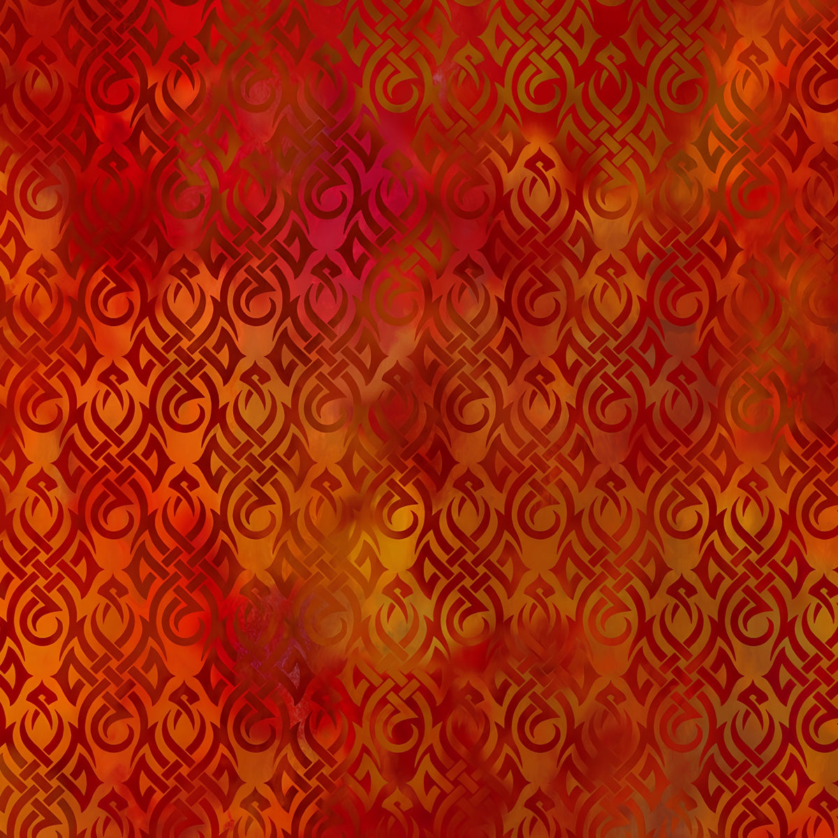 Swirling tribal flame Celtic knotwork motifs deep crimson burnt orange fiery watercolour wash tonal blender digitally printed quilting fabric Jason Yenter In The Beginning Fabrics