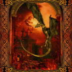Dragon swooping over burning castle fiery sky crimson amber gold Celtic knotwork border deep red gold digitally printed fantasy quilting panel Jason Yenter In The Beginning Fabrics