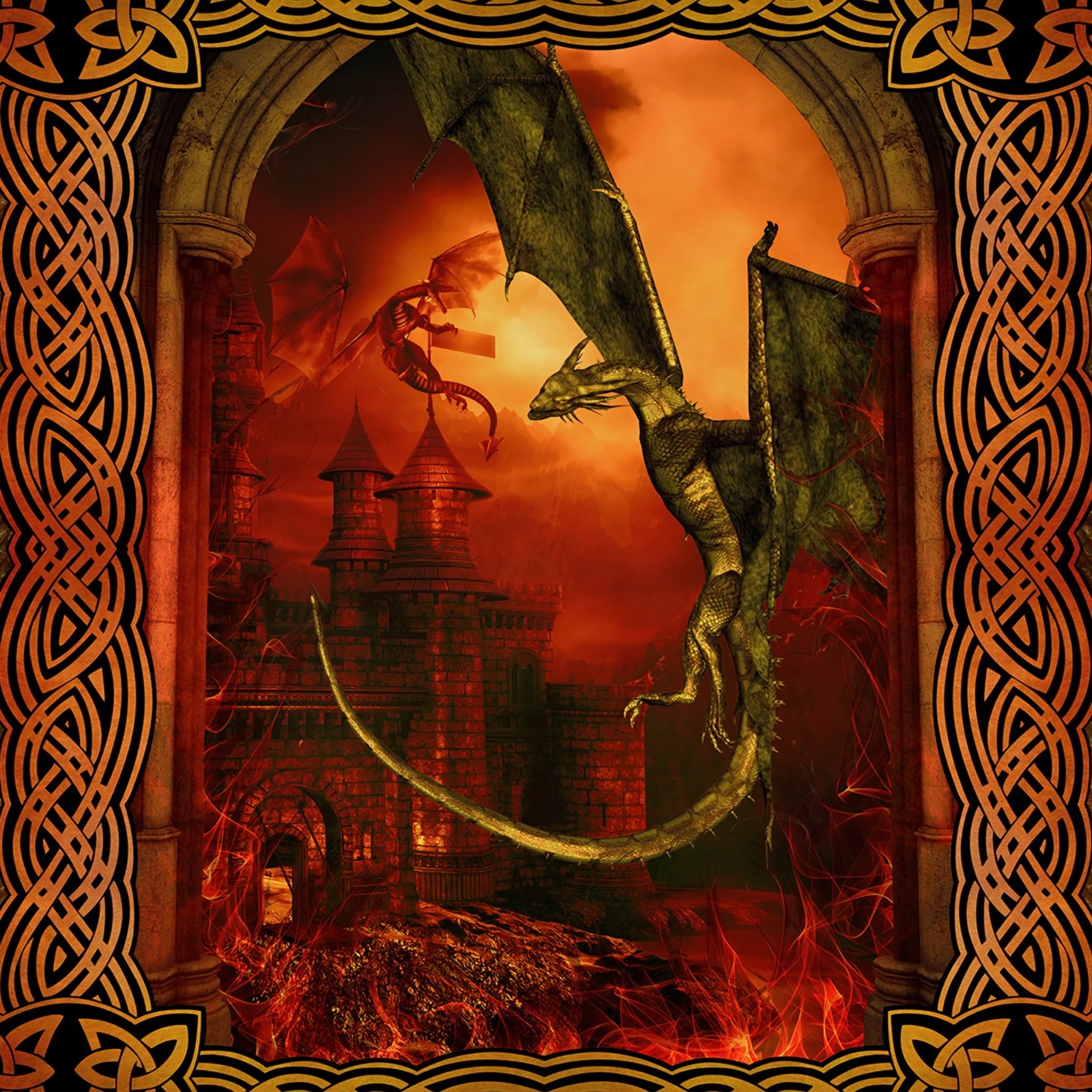 Dragon swooping over burning castle fiery sky crimson amber gold Celtic knotwork border deep red gold digitally printed fantasy quilting panel Jason Yenter In The Beginning Fabrics