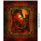 Dragon swooping over burning castle fiery sky crimson amber gold Celtic knotwork border deep red gold digitally printed fantasy quilting panel Jason Yenter In The Beginning Fabrics