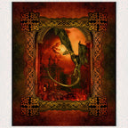 Dragon swooping over burning castle fiery sky crimson amber gold Celtic knotwork border deep red gold digitally printed fantasy quilting panel Jason Yenter In The Beginning Fabrics