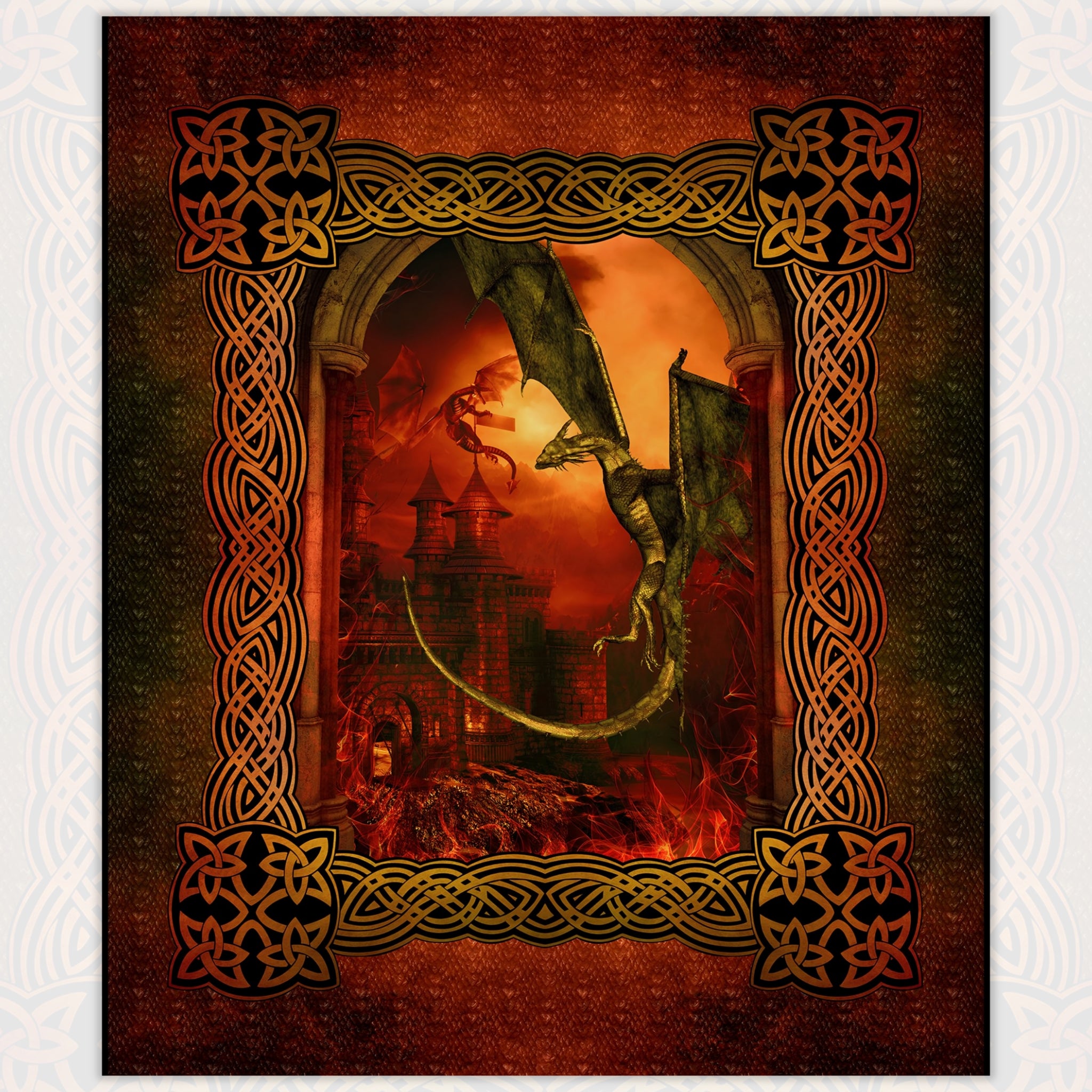 Dragon swooping over burning castle fiery sky crimson amber gold Celtic knotwork border deep red gold digitally printed fantasy quilting panel Jason Yenter In The Beginning Fabrics