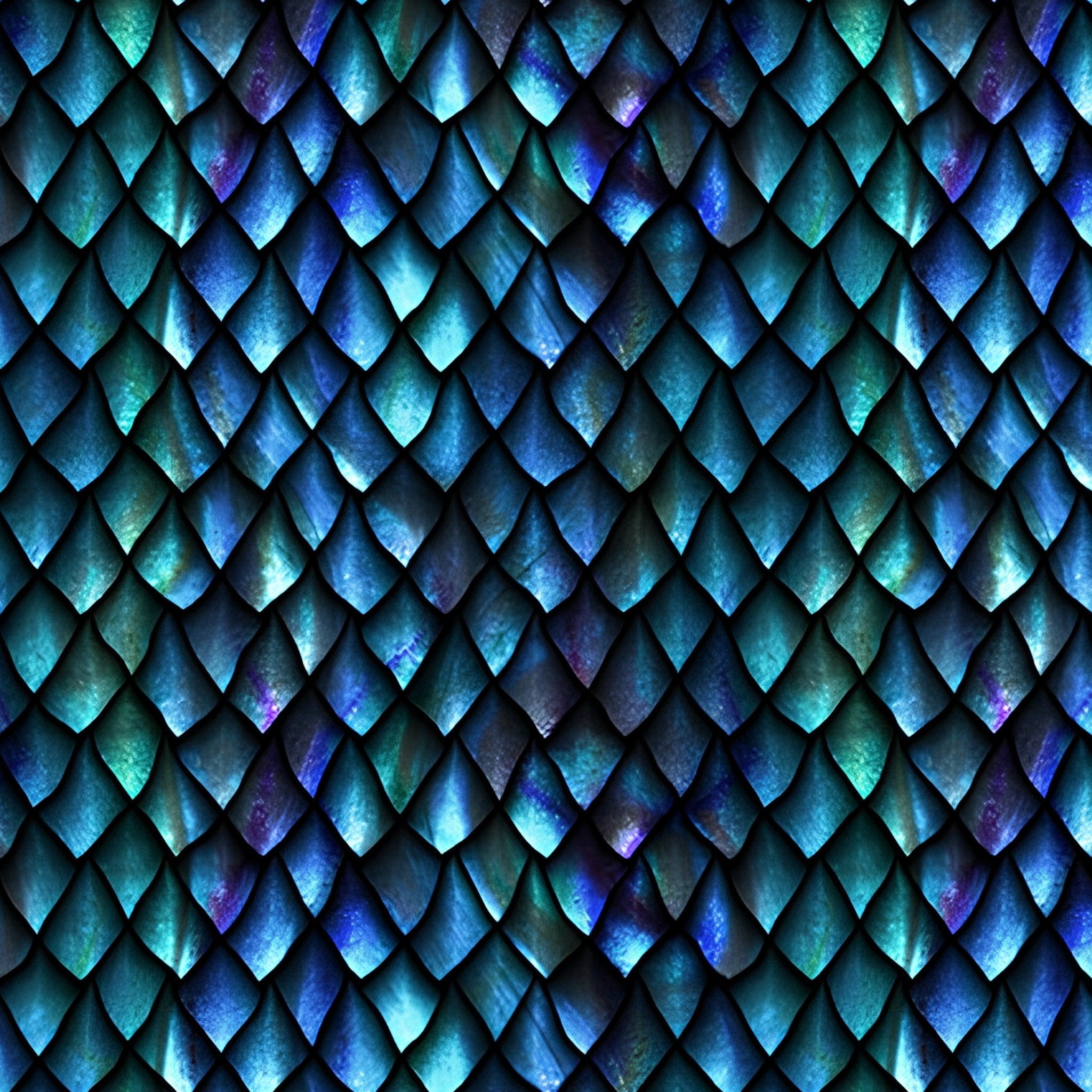 Large overlapping dragon scales teal cobalt emerald violet deep black background digitally printed tonal blender quilting fabric Jason Yenter In The Beginning Fabrics