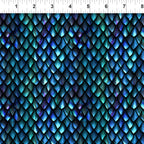 Large overlapping dragon scales teal cobalt emerald violet deep black background digitally printed tonal blender quilting fabric Jason Yenter In The Beginning Fabrics