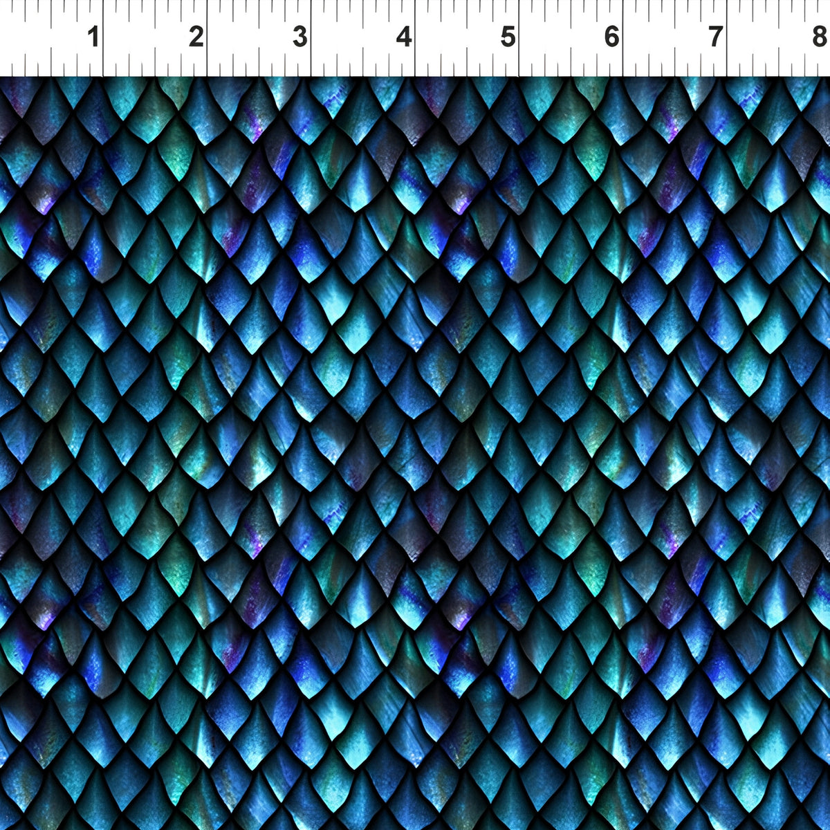 Large overlapping dragon scales teal cobalt emerald violet deep black background digitally printed tonal blender quilting fabric Jason Yenter In The Beginning Fabrics