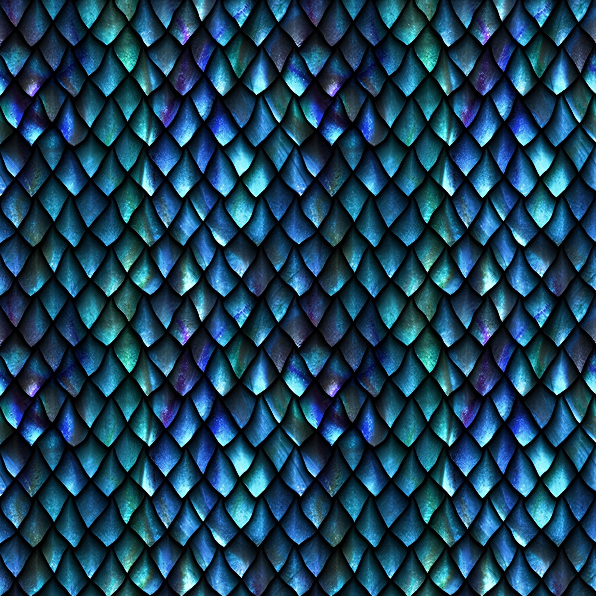 Large overlapping dragon scales teal cobalt emerald violet deep black background digitally printed tonal blender quilting fabric Jason Yenter In The Beginning Fabrics