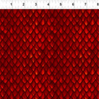 Large overlapping dragon scales deep crimson burgundy fiery amber highlights dark red background digitally printed tonal blender quilting fabric Jason Yenter In The Beginning Fabrics