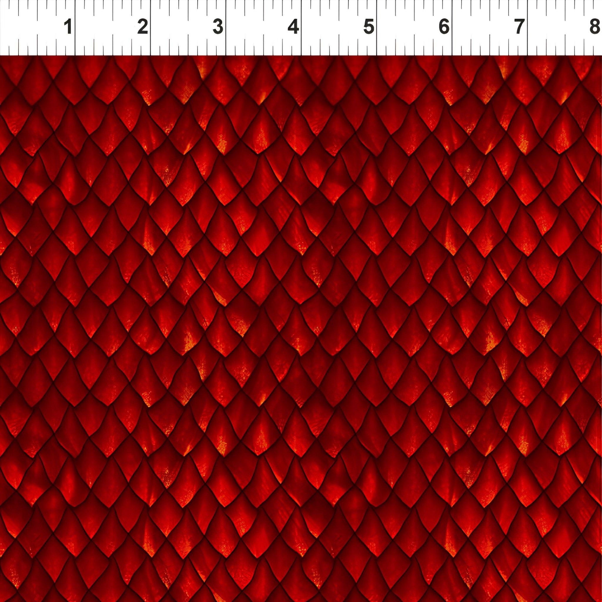 Large overlapping dragon scales deep crimson burgundy fiery amber highlights dark red background digitally printed tonal blender quilting fabric Jason Yenter In The Beginning Fabrics