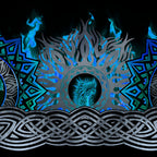 Celtic knotwork braids dragon medallions roaring dragon heads teal circles tribal flame motifs electric blue teal deep black background digitally printed quilting fabric Jason Yenter In The Beginning Fabrics