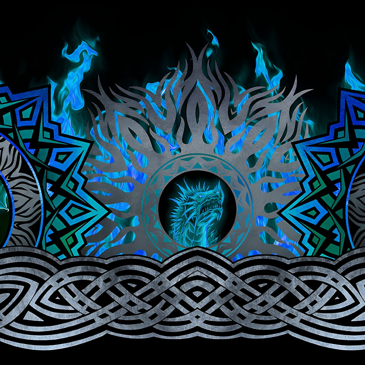 Celtic knotwork braids dragon medallions roaring dragon heads teal circles tribal flame motifs electric blue teal deep black background digitally printed quilting fabric Jason Yenter In The Beginning Fabrics